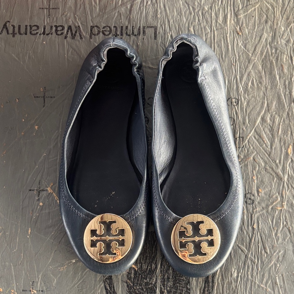 Tory Burch Black Leather Flats with Gold Logo